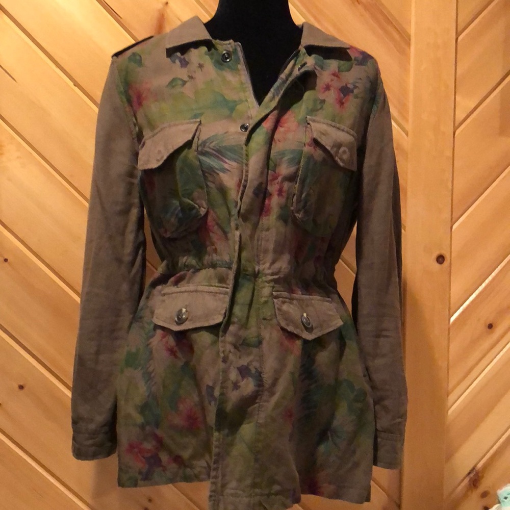 Cute military style linen blend floral jacket